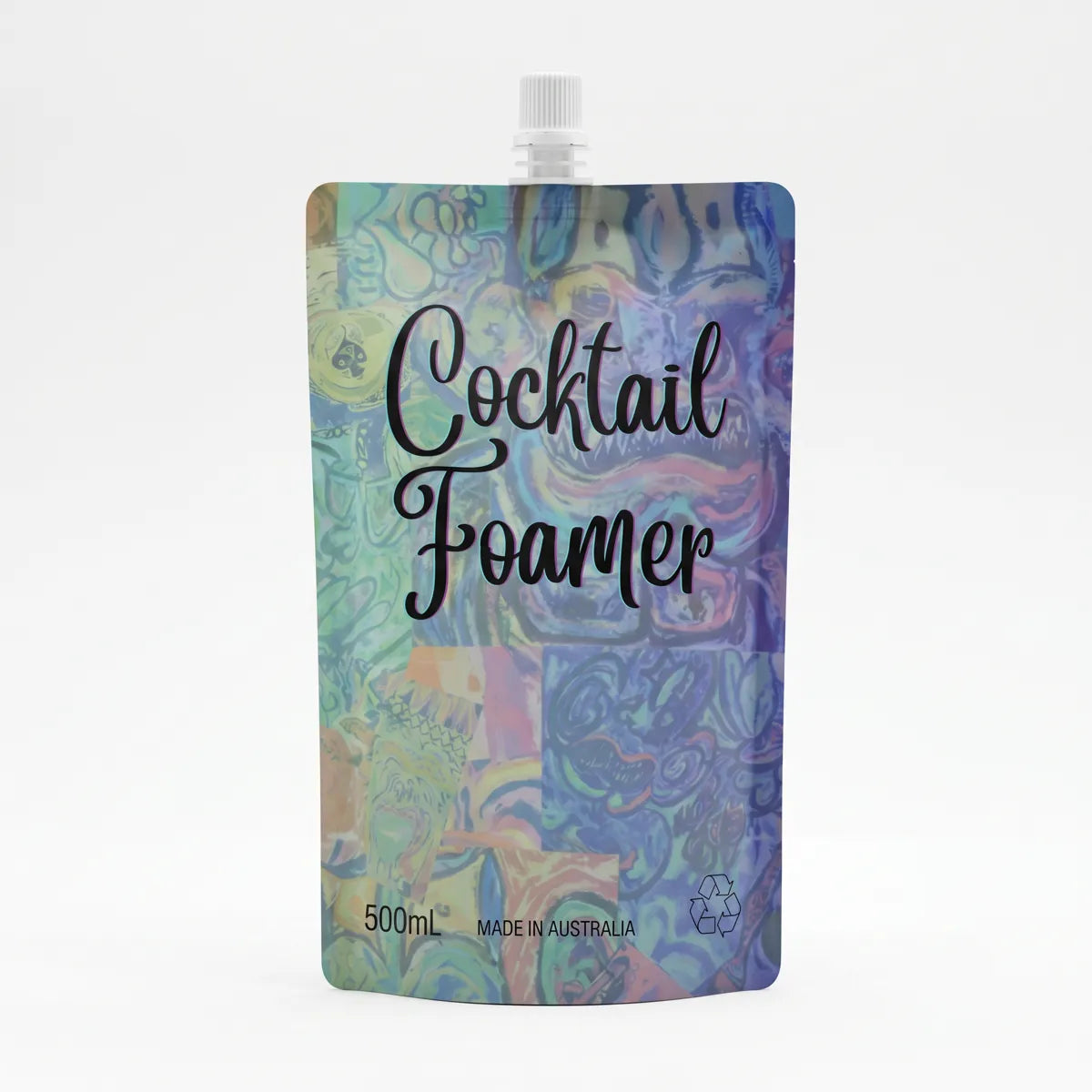 Cocktail Foamer 500mL stand-up pouch with iridescent psychedelic artwork, matte satin finish, white plastic spout and screw cap, photographed on a clean white background with soft studio lighting and subtle ground shadow