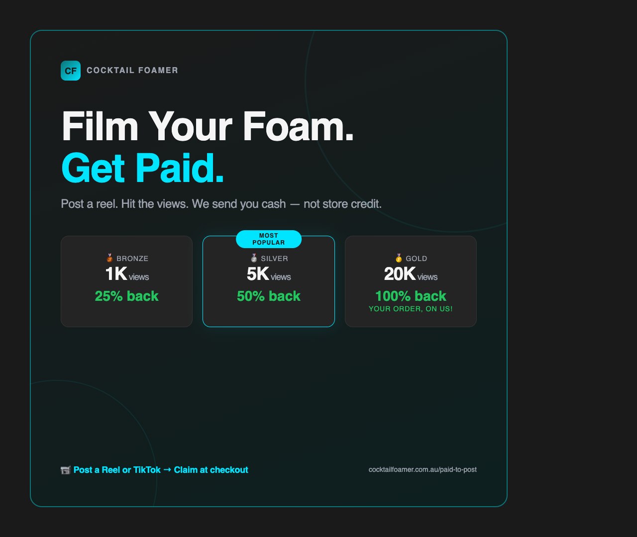 Cocktail Foamer Paid to Post cashback program — earn 25% to 100% of your order back for posting cocktail videos on Instagram Reels or TikTok. Australian bartender-approved cocktail foamer. Bank transfer, not store credit. Film Your Foam. Get Paid.