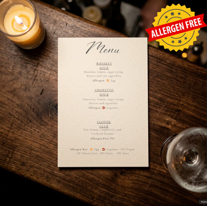 Cocktail menu with allergen markers — Cocktail Foamer drinks are allergen free and vegan