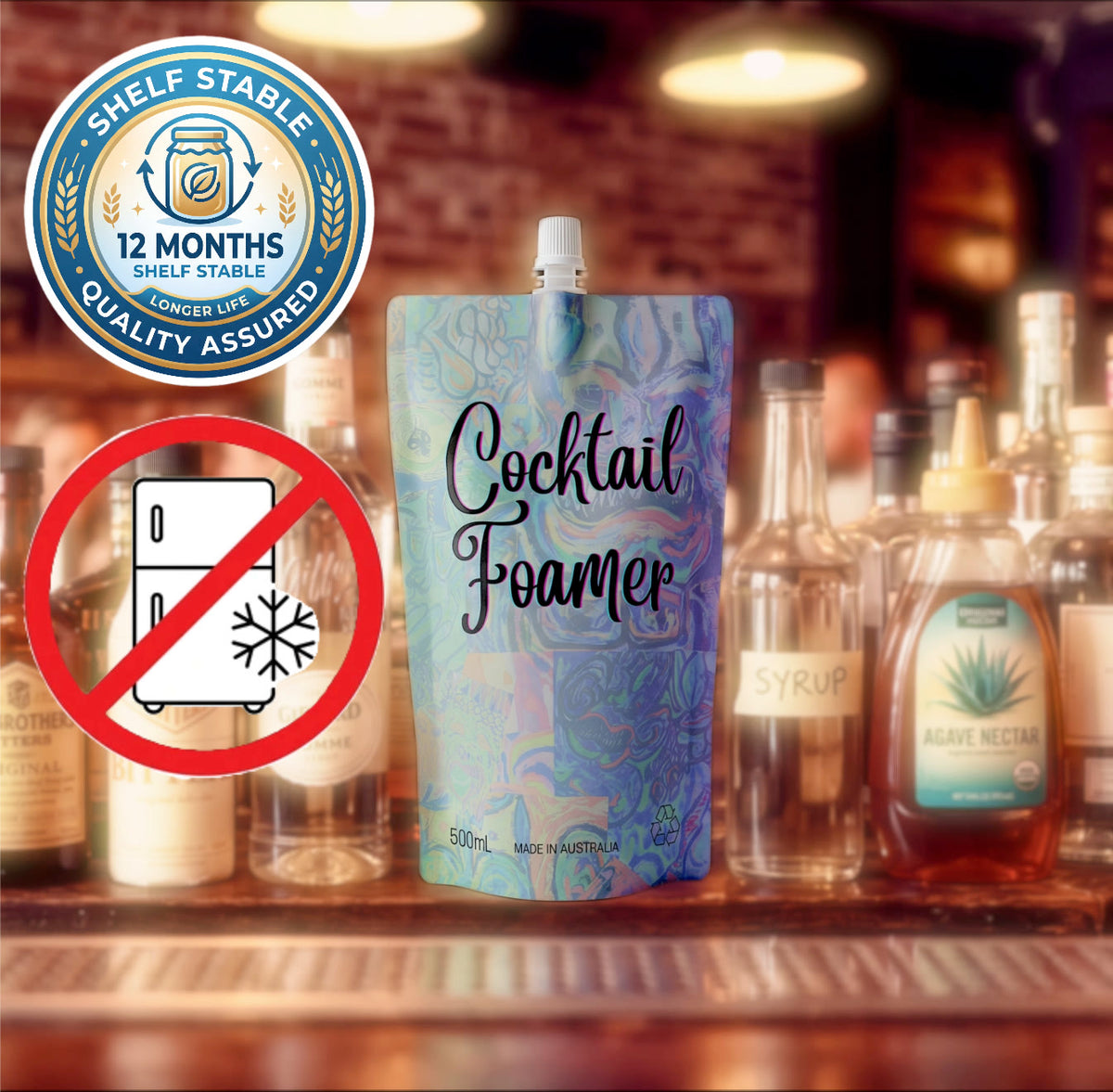 Cocktail Foamer 500ml pouch — shelf stable for 12 months, no fridge space